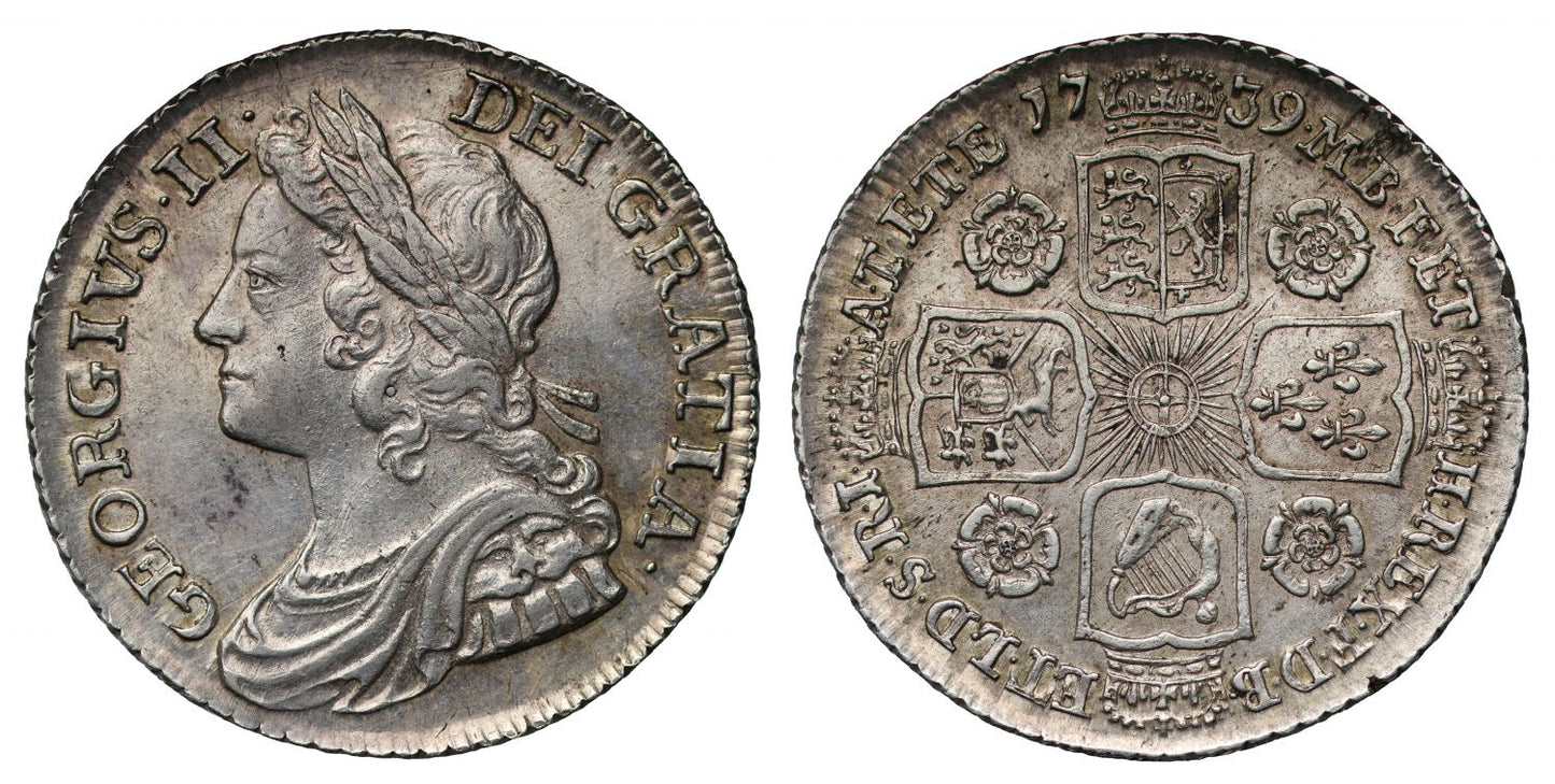 George II Shilling, 1739, young head, roses on reverse, indicating English silver MS63