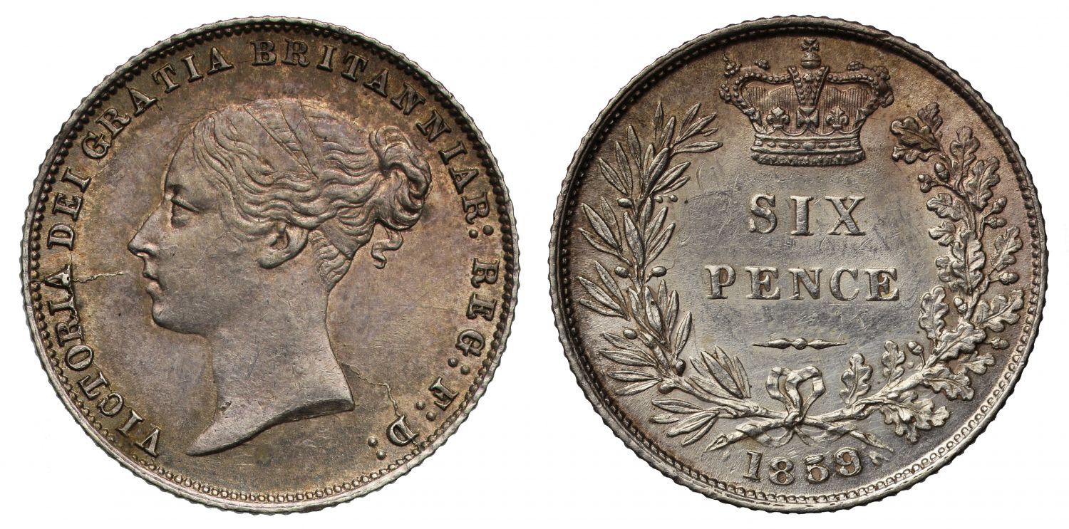 Victoria 1859 Sixpence, 9 struck over 8
