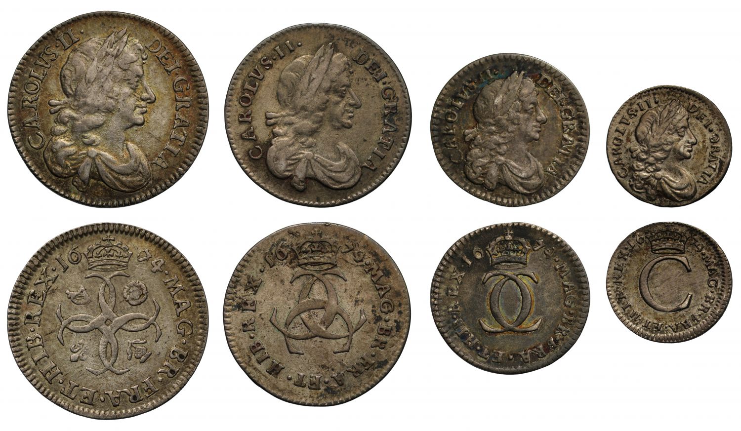 Charles II Maundy set 1674, 4D with 7/6 and 4/ rotate 4, 1D inverted G