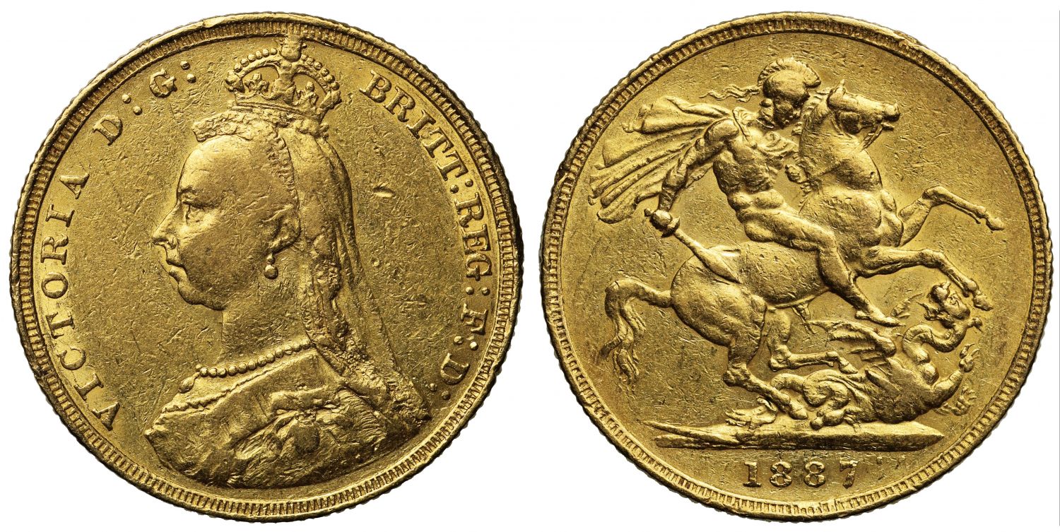 Sovereign 1887 London, hooked J, JEB close together (DISH L4)