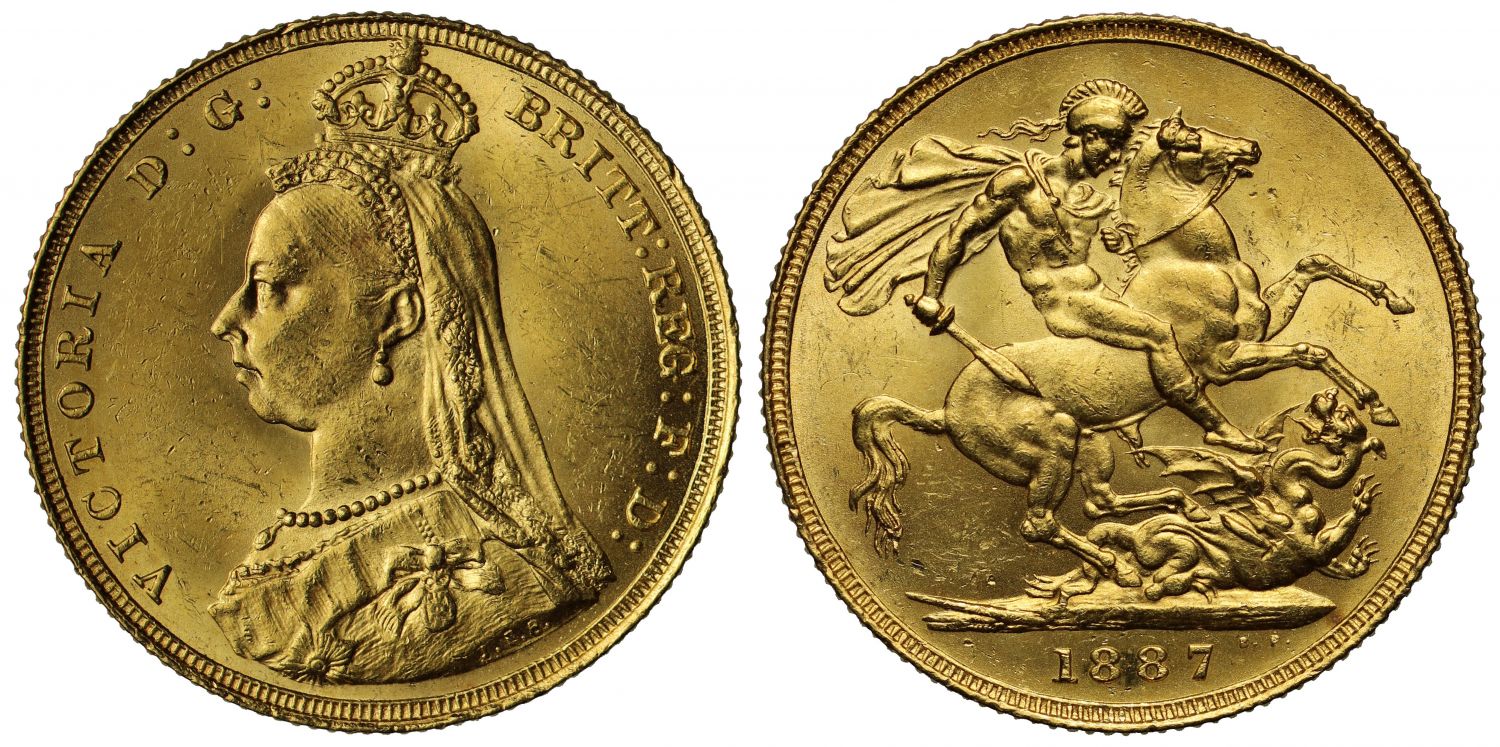 Sovereign 1887 London, angled J (DISH L7)