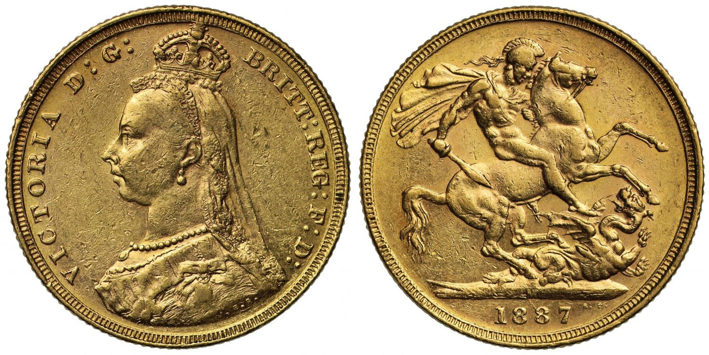 Sovereign 1887 Melbourne, first legend, hooked J, JEB higher spaced (DISH M1)