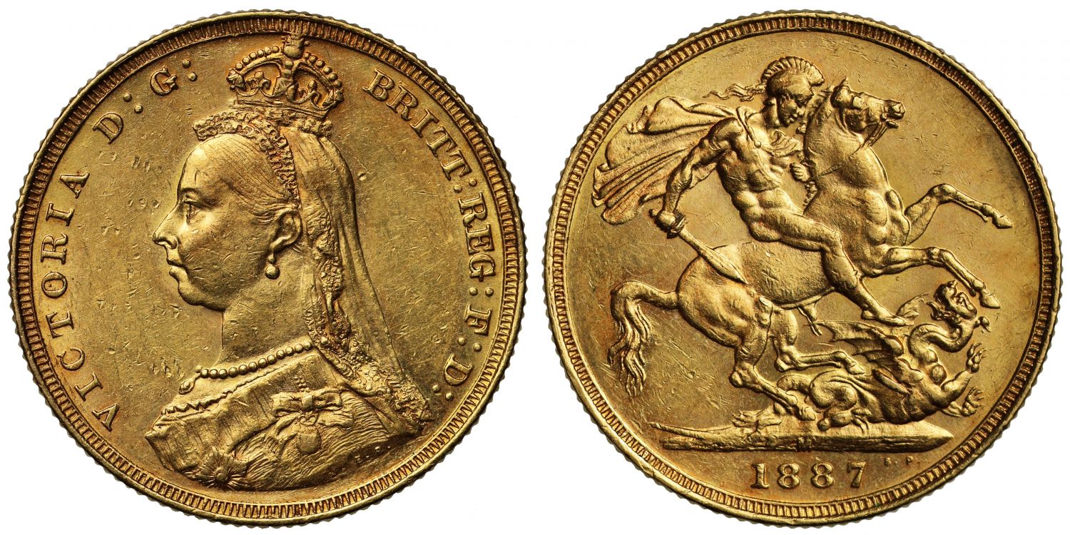 Sovereign 1887 Melbourne, first legend, hooked J, lower spaced (DISH M3)