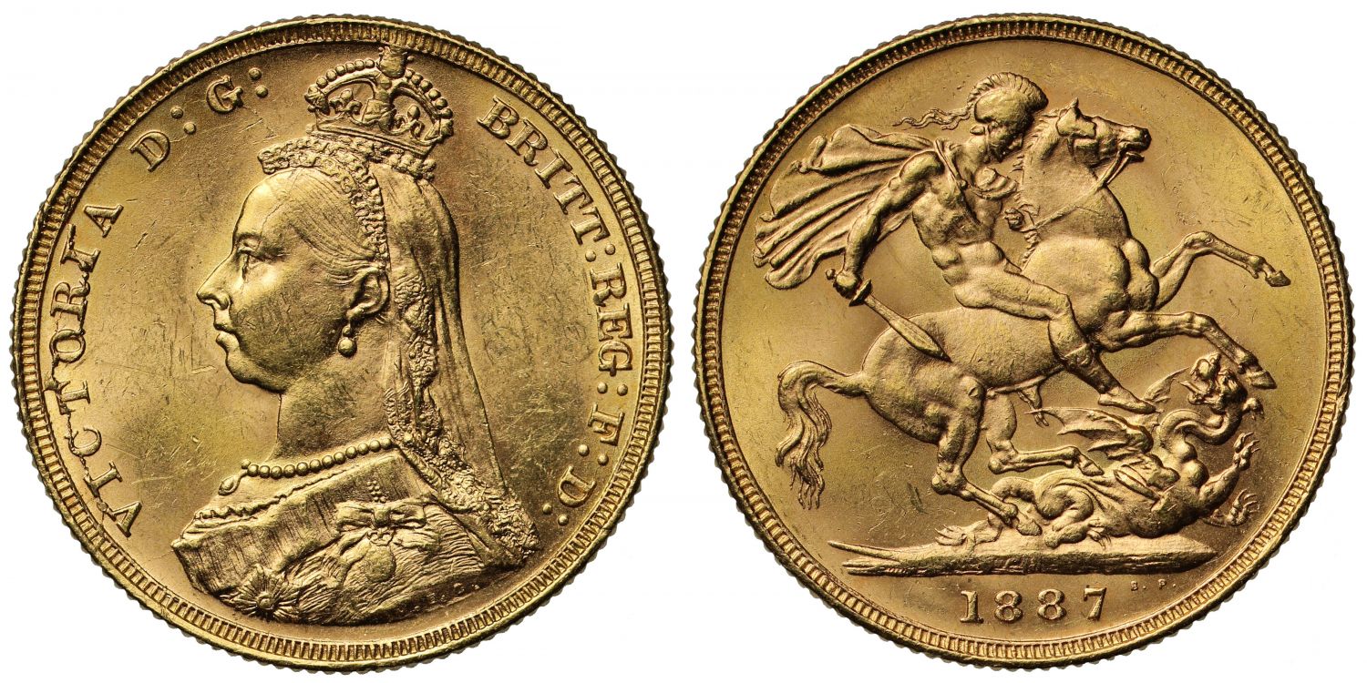 Sovereign 1887 Melbourne, first legend, hooked J, lower close (DISH M4)