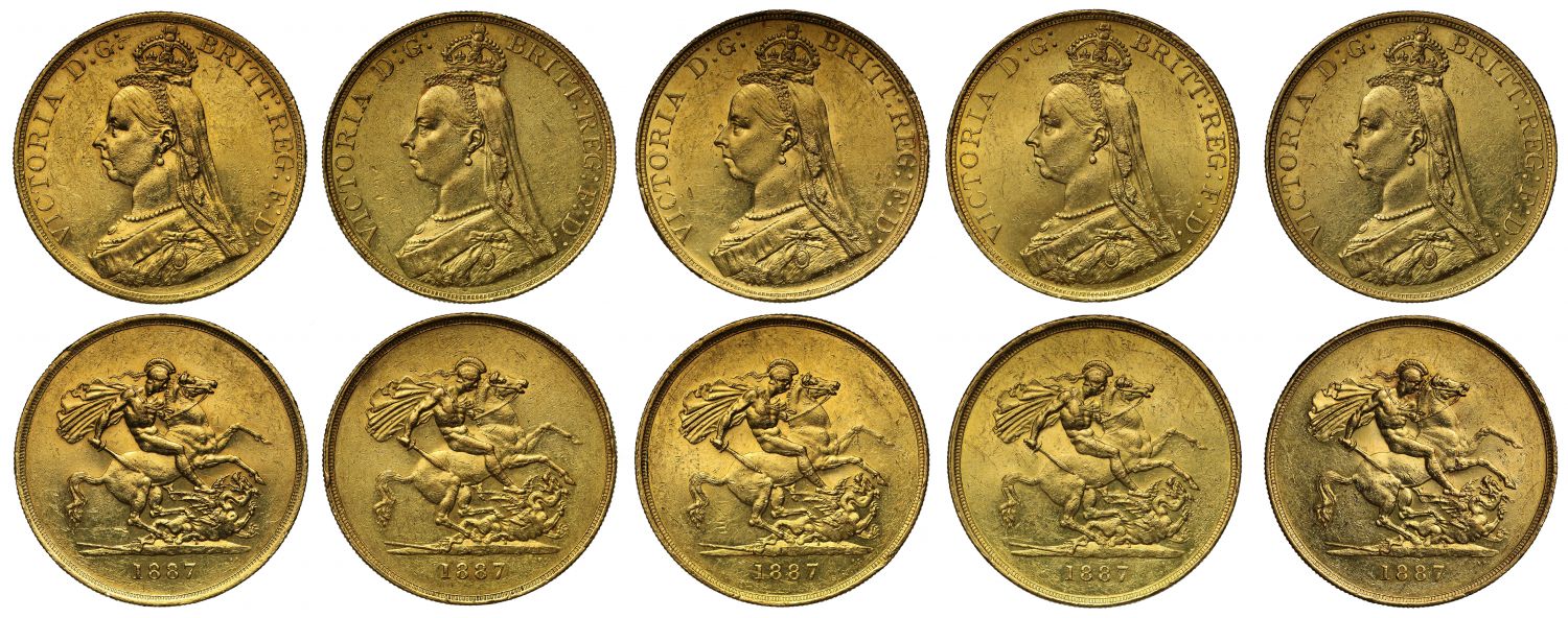 A group of five Victoria 1887 gold Five-Pounds