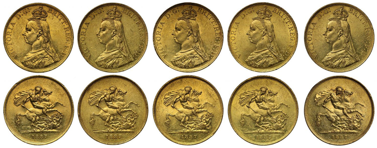 A group of five Victoria 1887 gold Five-Pounds