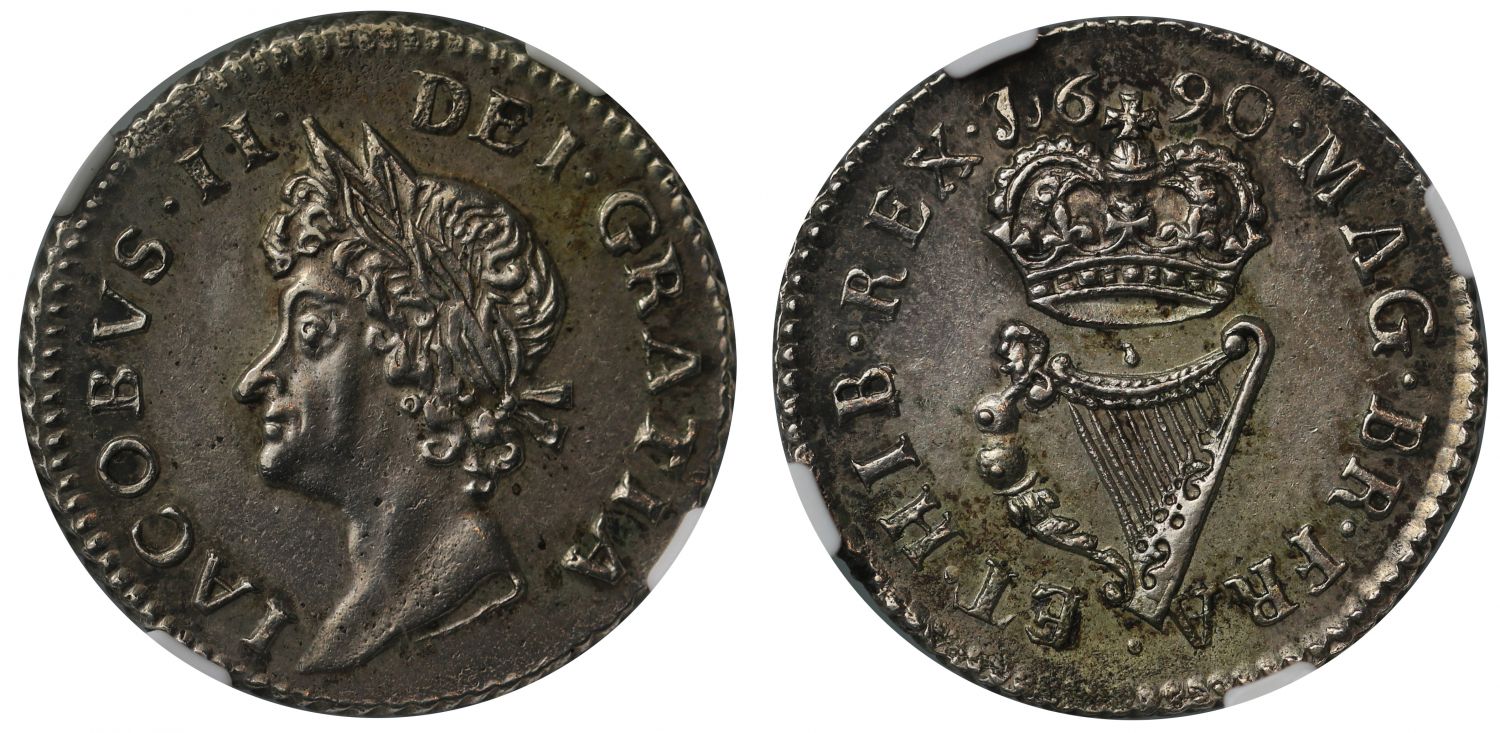 Ireland, James II 1690 silver Halfpenny MS62