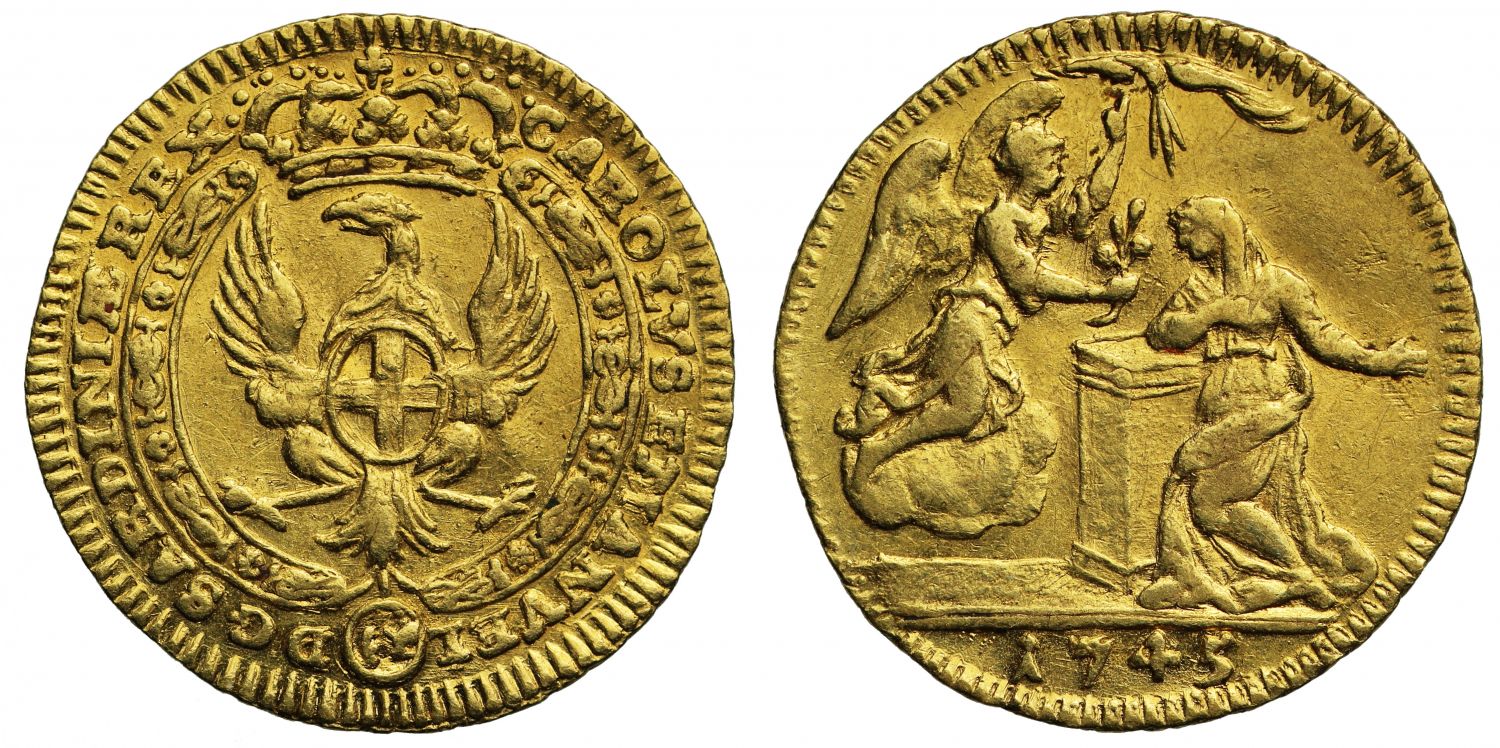 Italy, Carlo Emanuele III 1745 ½-Zecchino AU55