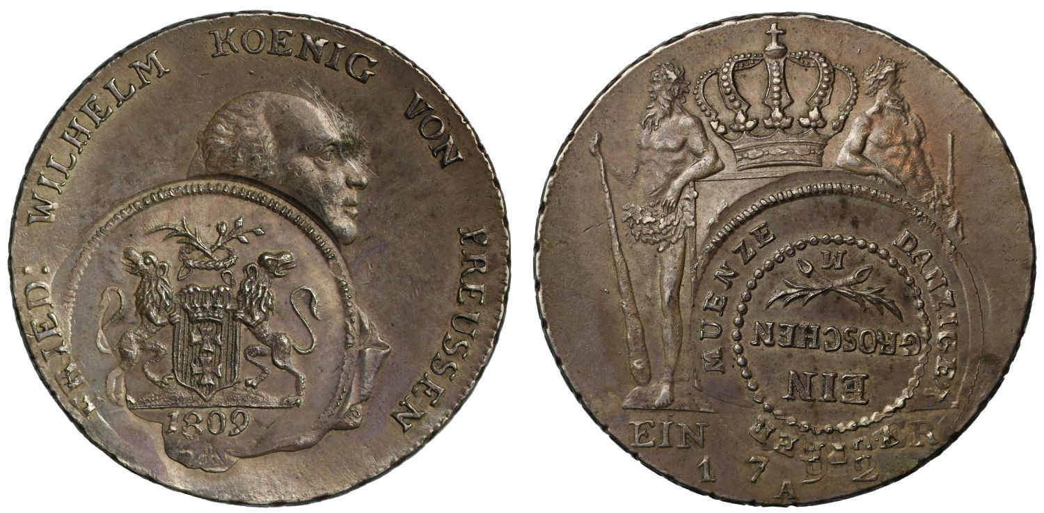 Germany, Danzig Groschen 1809, ctmk on Prussia Thaler 1792-A