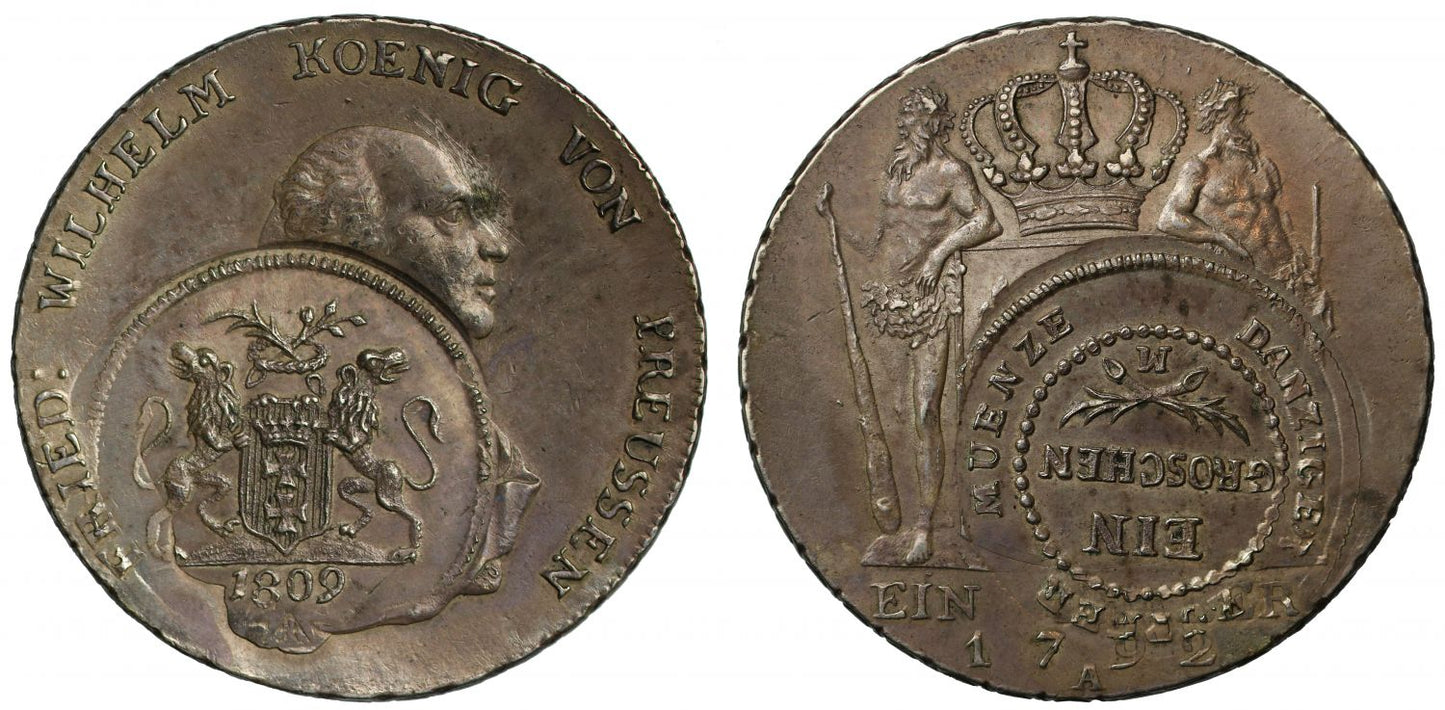 Germany, Danzig Groschen 1809, ctmk on Prussia Thaler 1792-A