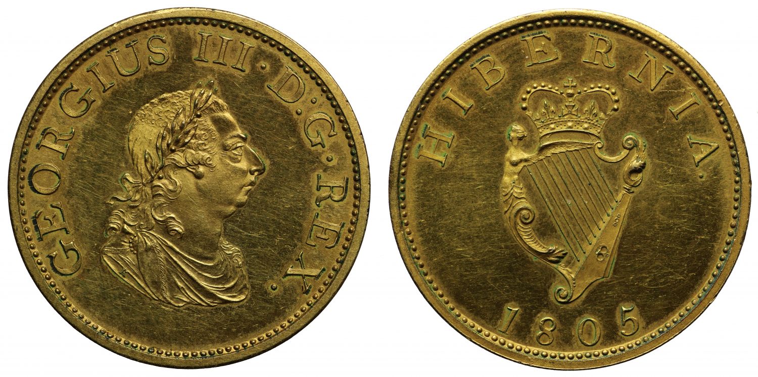 ireland george iii 1808 copper proof pattern crown -... Ireland, George III 1805 gilt proof Halfpenny