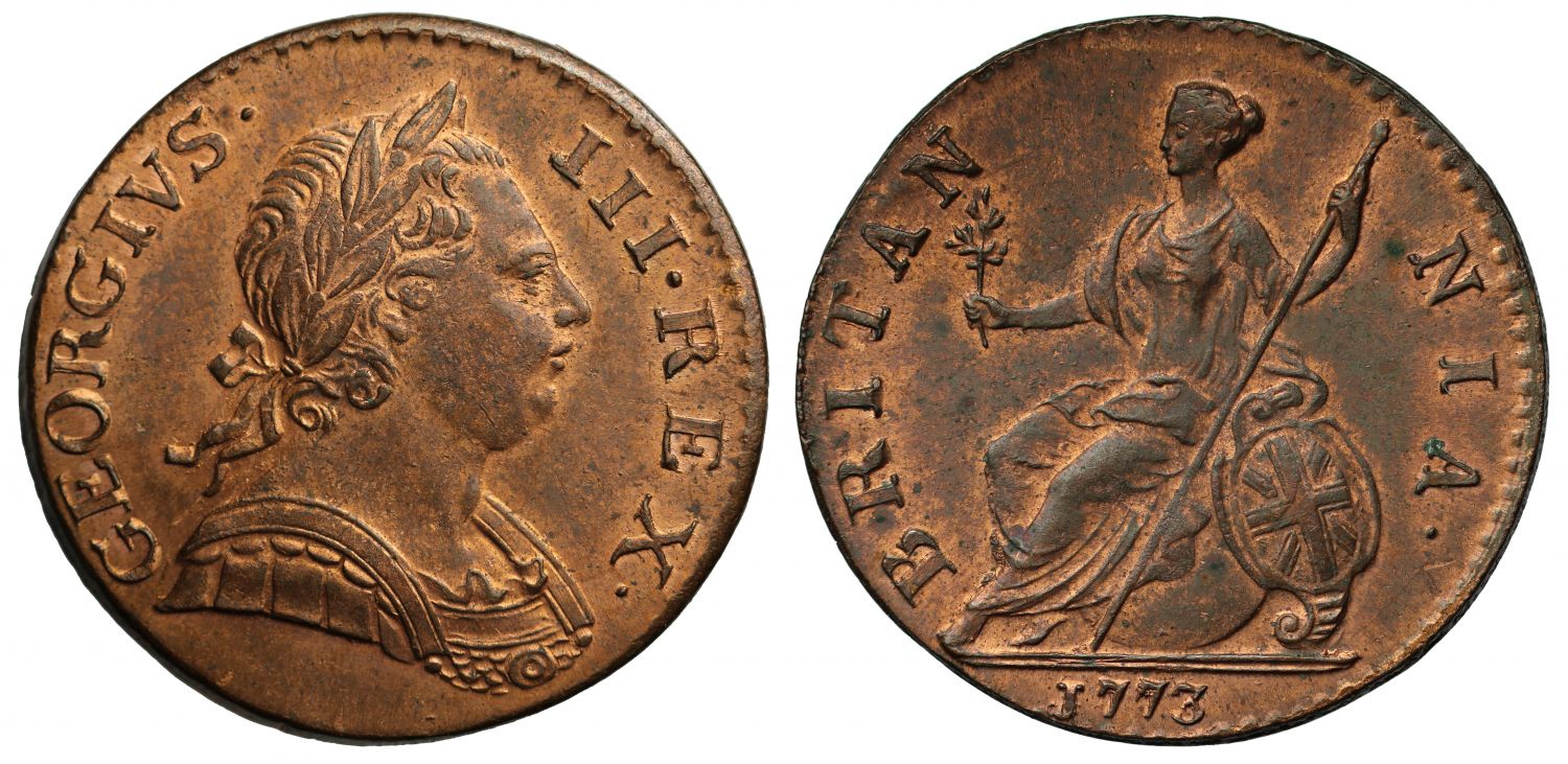 George III 1773 Halfpenny, first obverse, second reverse