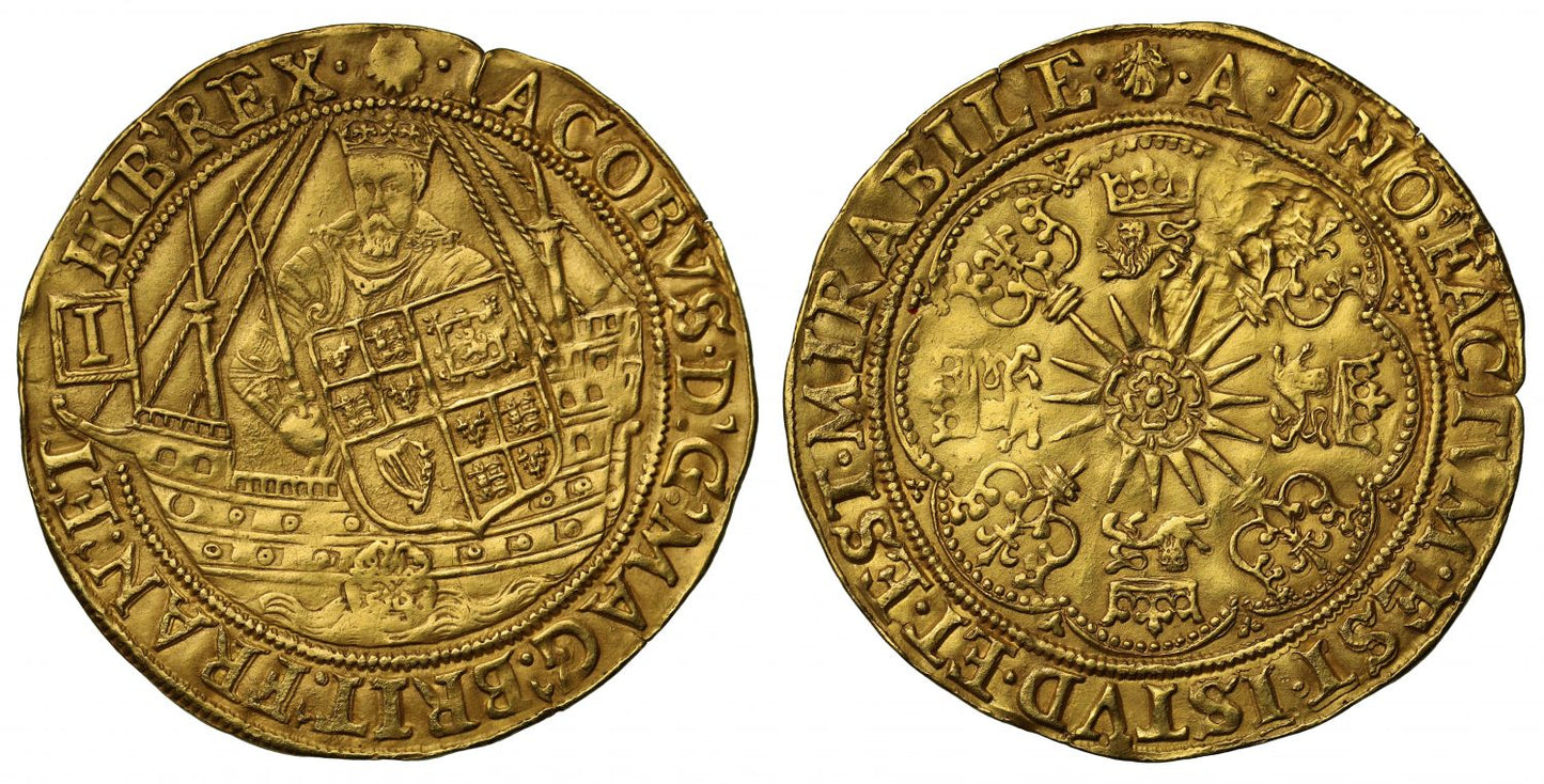 James I gold Spur Ryal, second coinage, mm escallop, King depicted in ship