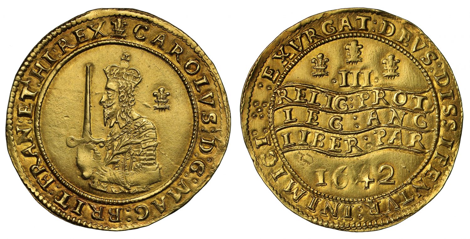 Charles I 1642 Triple Unite of Three Pounds Oxford, dies III/S2, AU58