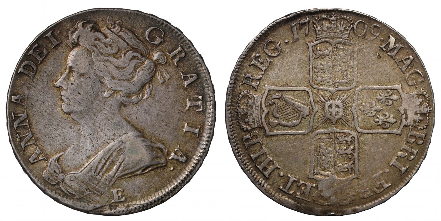 Anne 1709 E Halfcrown, Edinburgh Mint Scotland, OCTAVO edge year