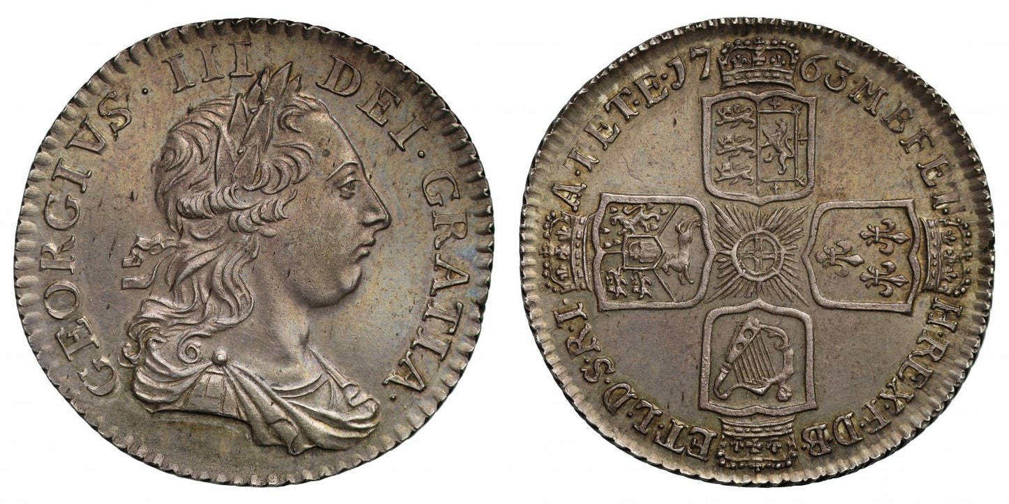 George III 1763 Shilling, "Northumberland" one year only type AU58