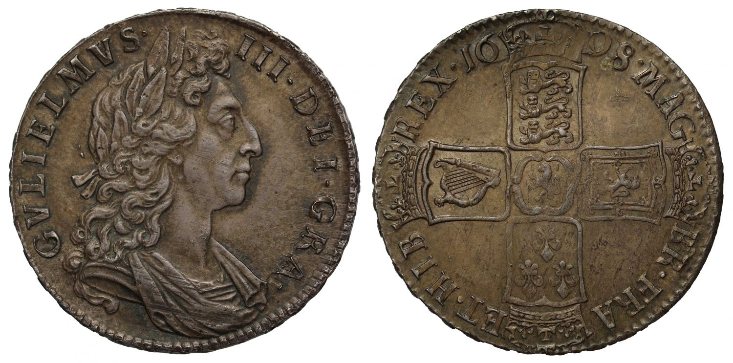 William III 1698 Halfcrown, first bust, DECIMO edge year