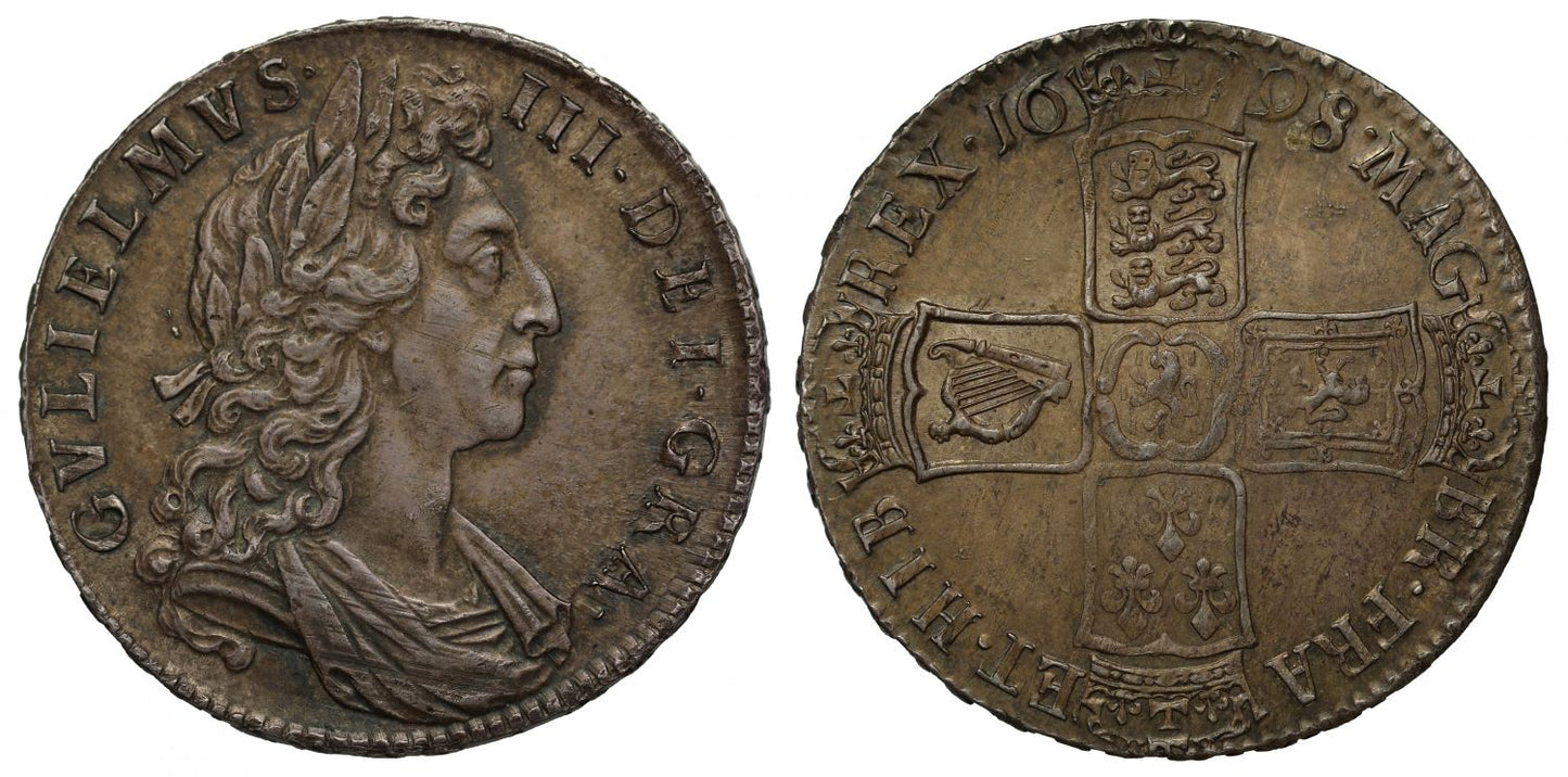 William III 1698 Halfcrown, first bust, DECIMO edge year