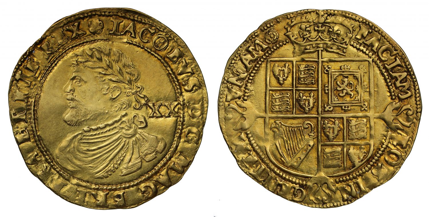 James I gold Laurel mintmark rose, no stops in legends, rare.