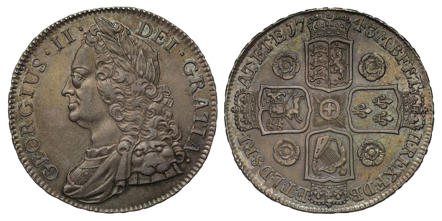 George II 1743 Crown, roses reverse AU55