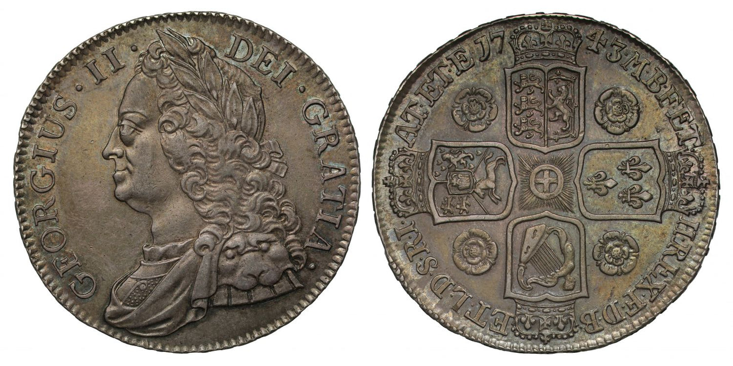 George II 1743 Crown, roses reverse AU55