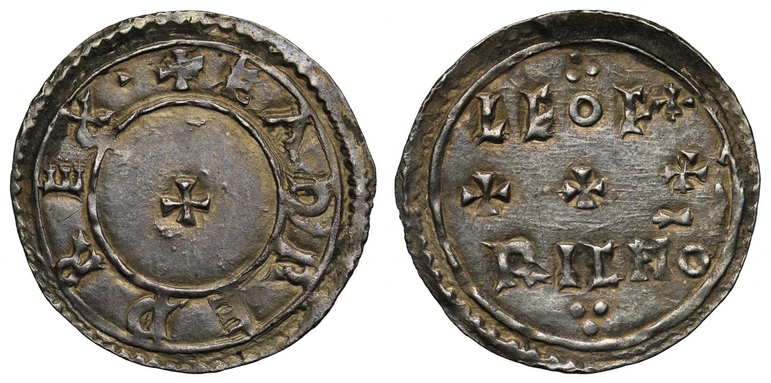 Eadred Two-line Penny, Leofric moneyer with extra cross after F