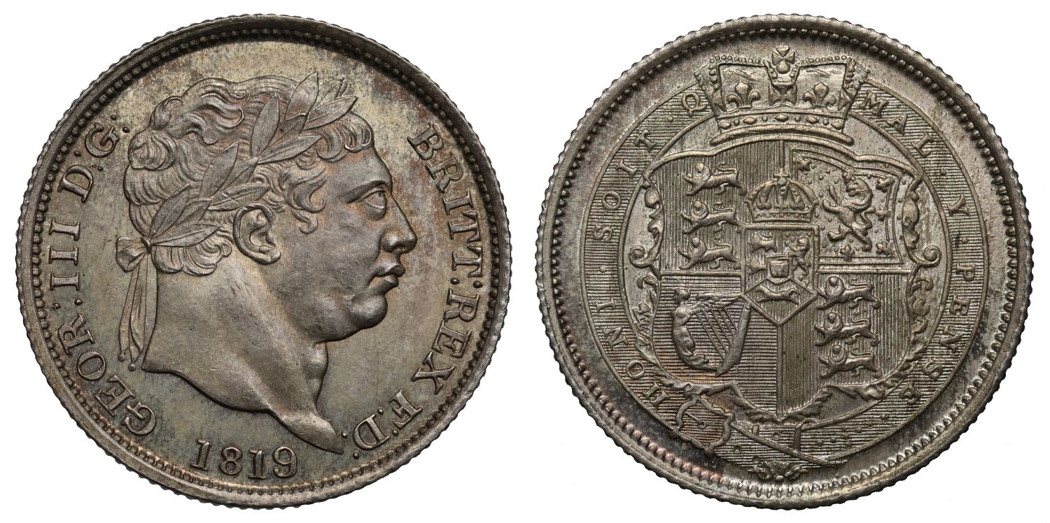 George III 1819 Shilling 9 over 8, proof-like