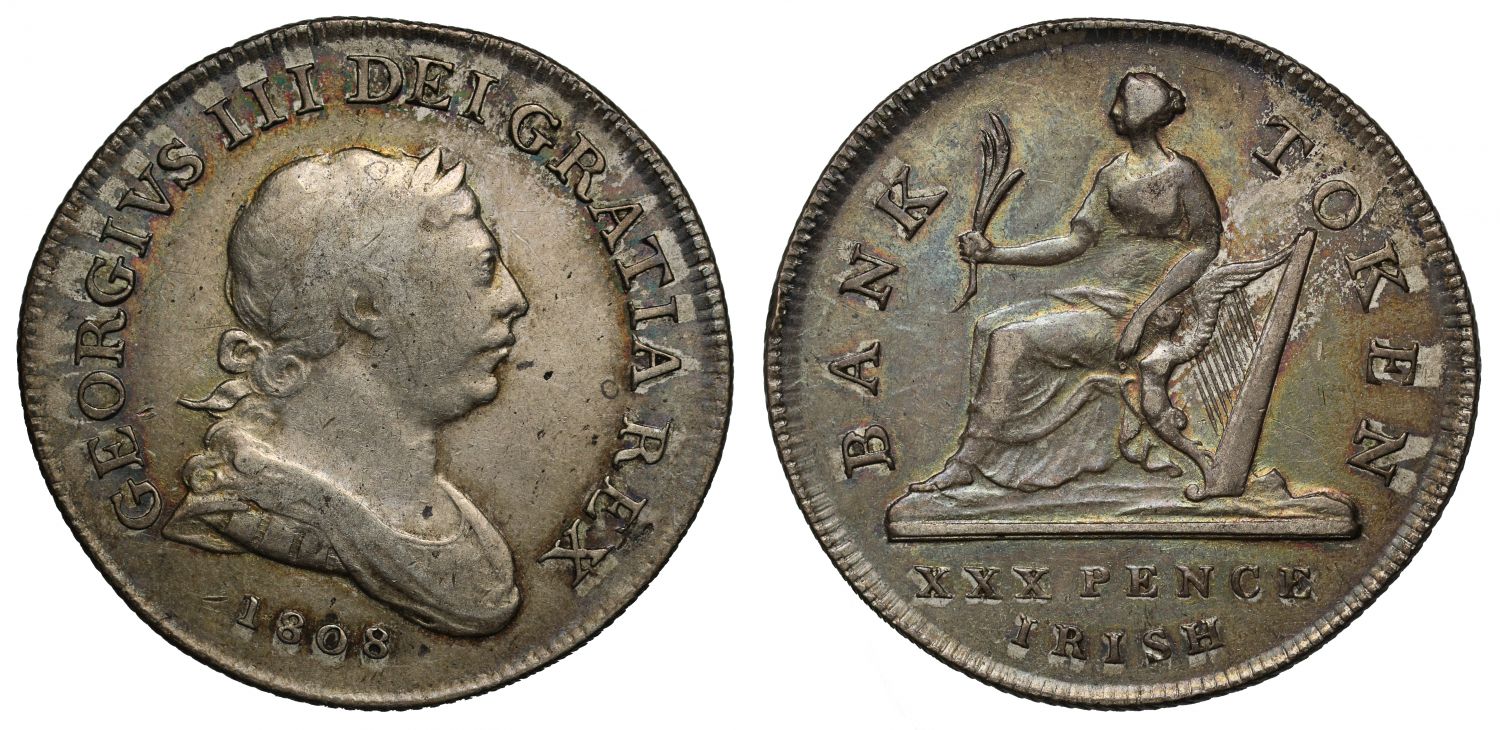 Ireland, George III 1808 Thirty Pence, harp points to O in legend