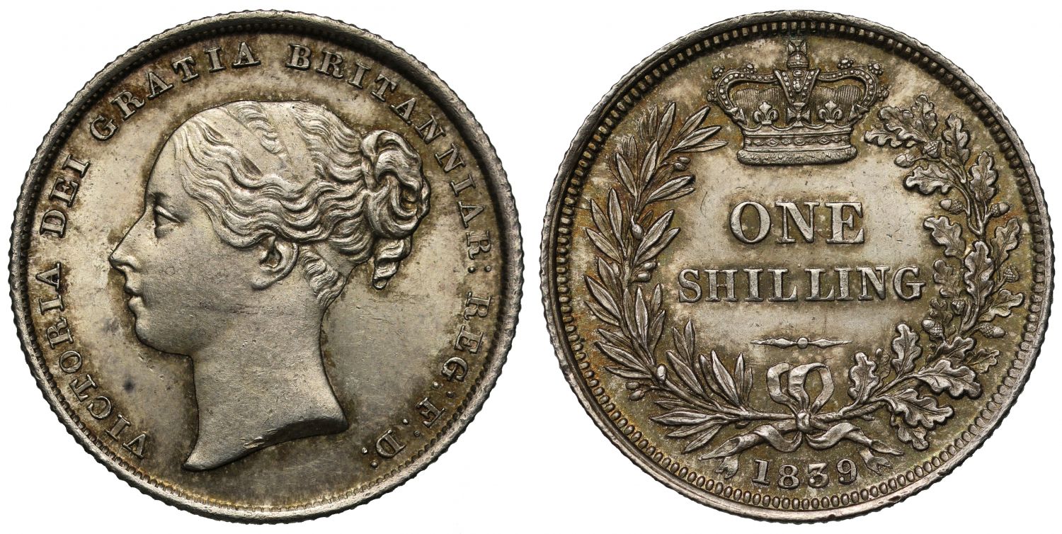 Victoria 1839 Shilling, second young head, second year for Shilling in reign