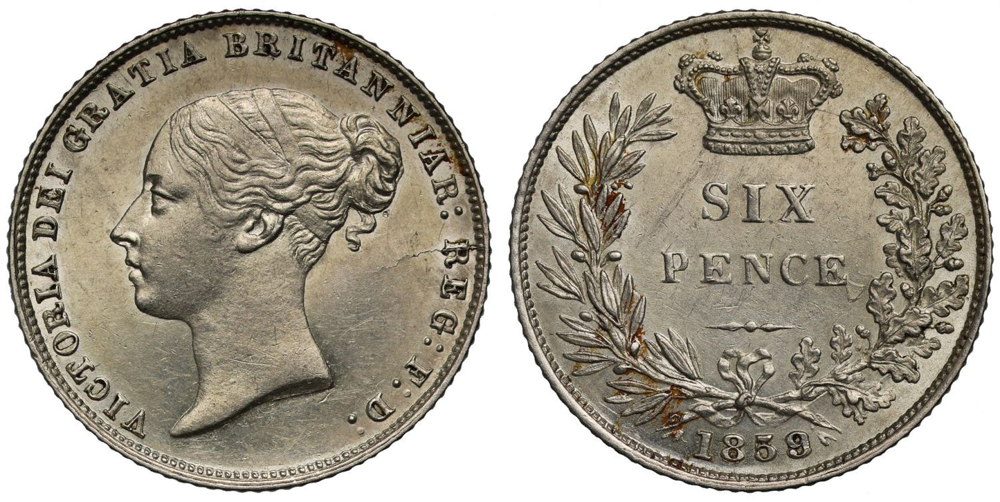 Victoria 1859 Sixpence, struck with 9 over an 8, first young head