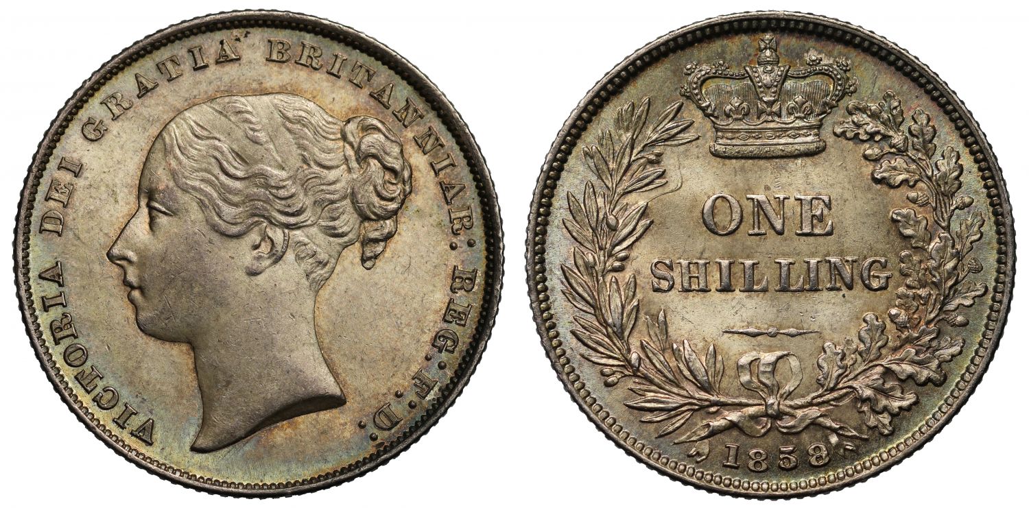 Victoria 1858 Shilling, damaged 8 or 9 variety R3, second young head