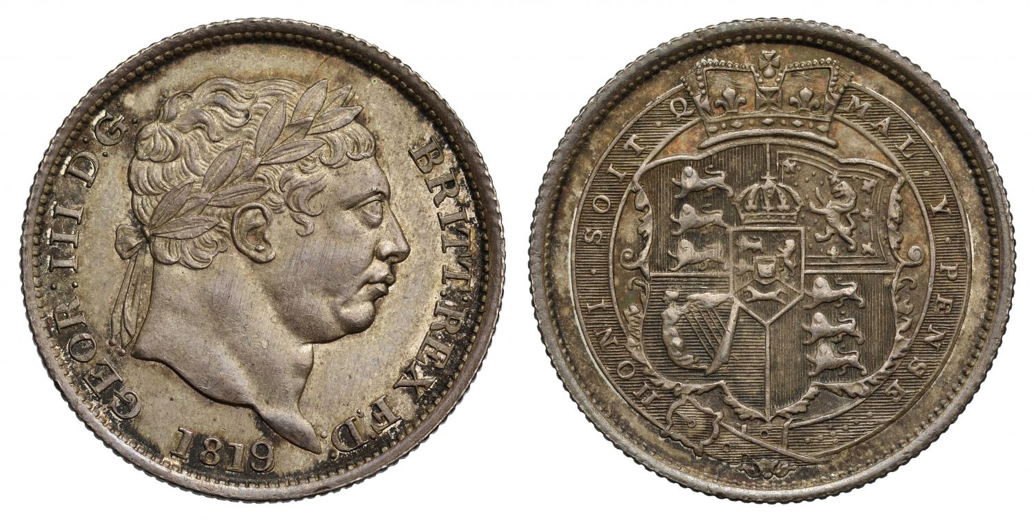 George III 1819 Shilling, 9 struck over a rotated 9, penultimate year for reign