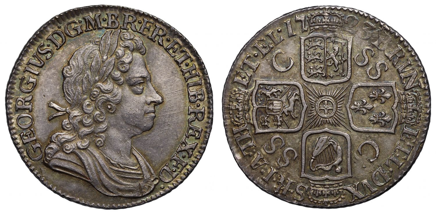 George I 1723 SSC Shilling, first bust, C over SS in one quarter variety