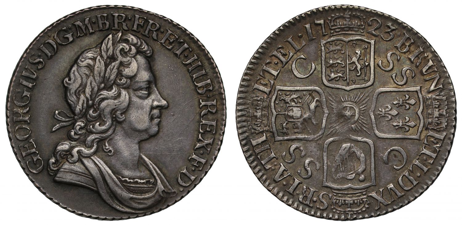 George I 1723 SSC Shilling, second bust with loop tie to rear of head