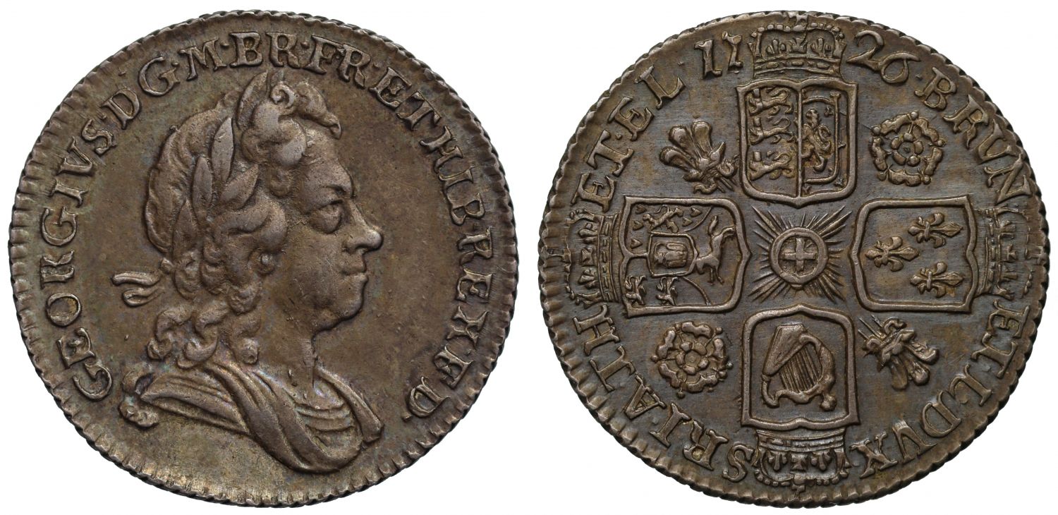 George I 1726 Sixpence, small roses and plumes reverse