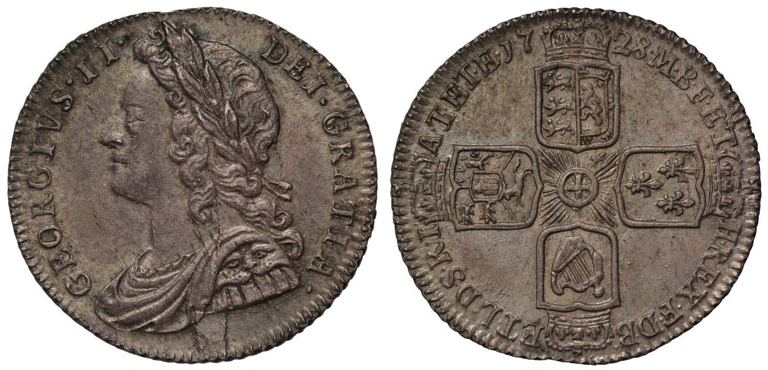 George II 1728 Sixpence, young head, plain reverse