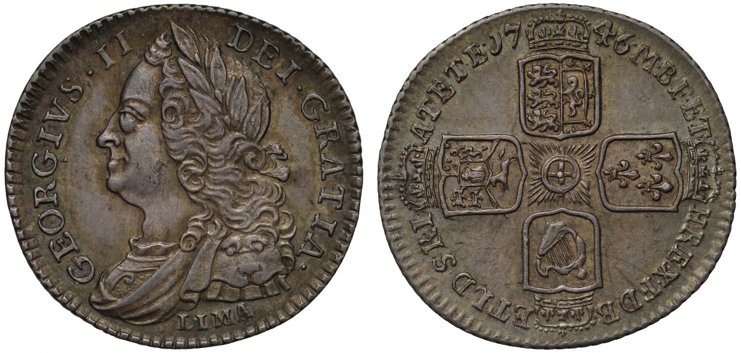 George II 1746 LIMA Sixpence, struck from captured silver treasure