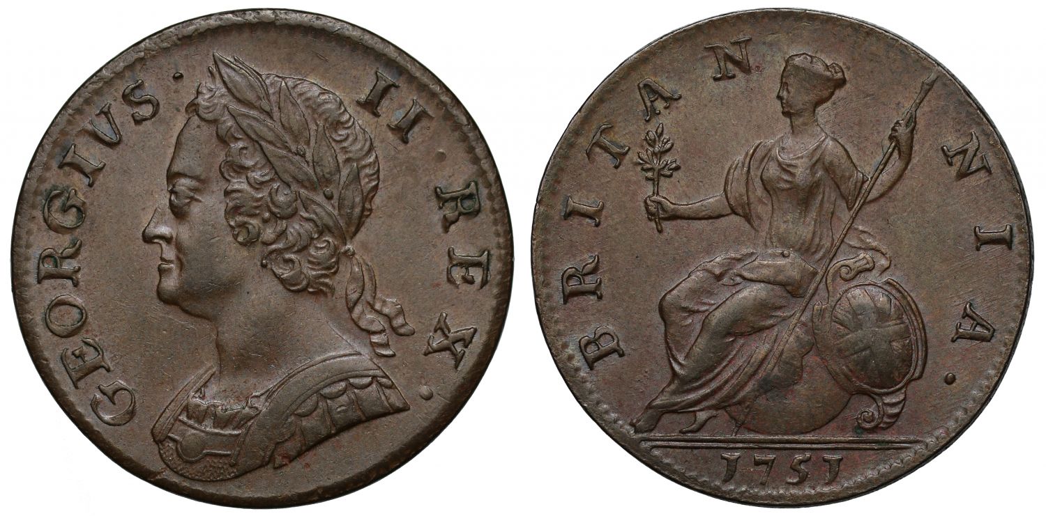 George II 1751 copper Halfpenny, older bust, MS62BN
