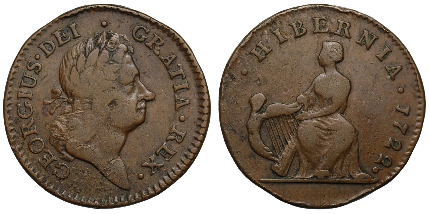 Ireland, George I William Wood's coinage, 1722 Halfpenny, type I