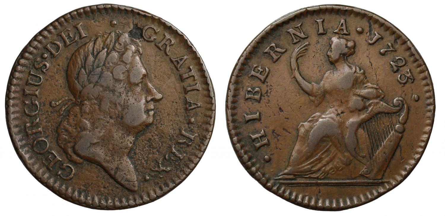 Ireland, George I William Wood's coinage, 1723 Halfpenny, type I