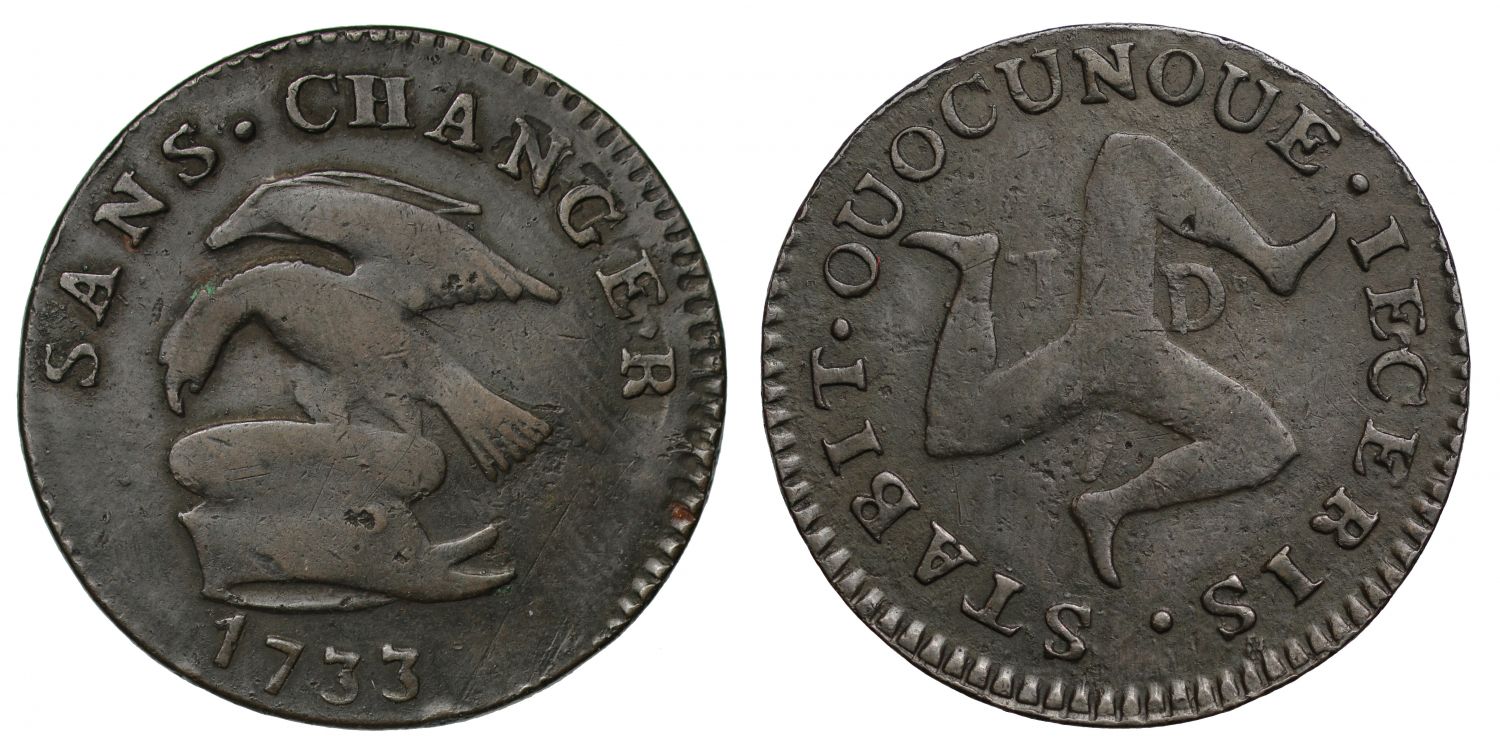 Isle of Man, James Stanley, 1733 copper Penny, OUOCUNOUE variety