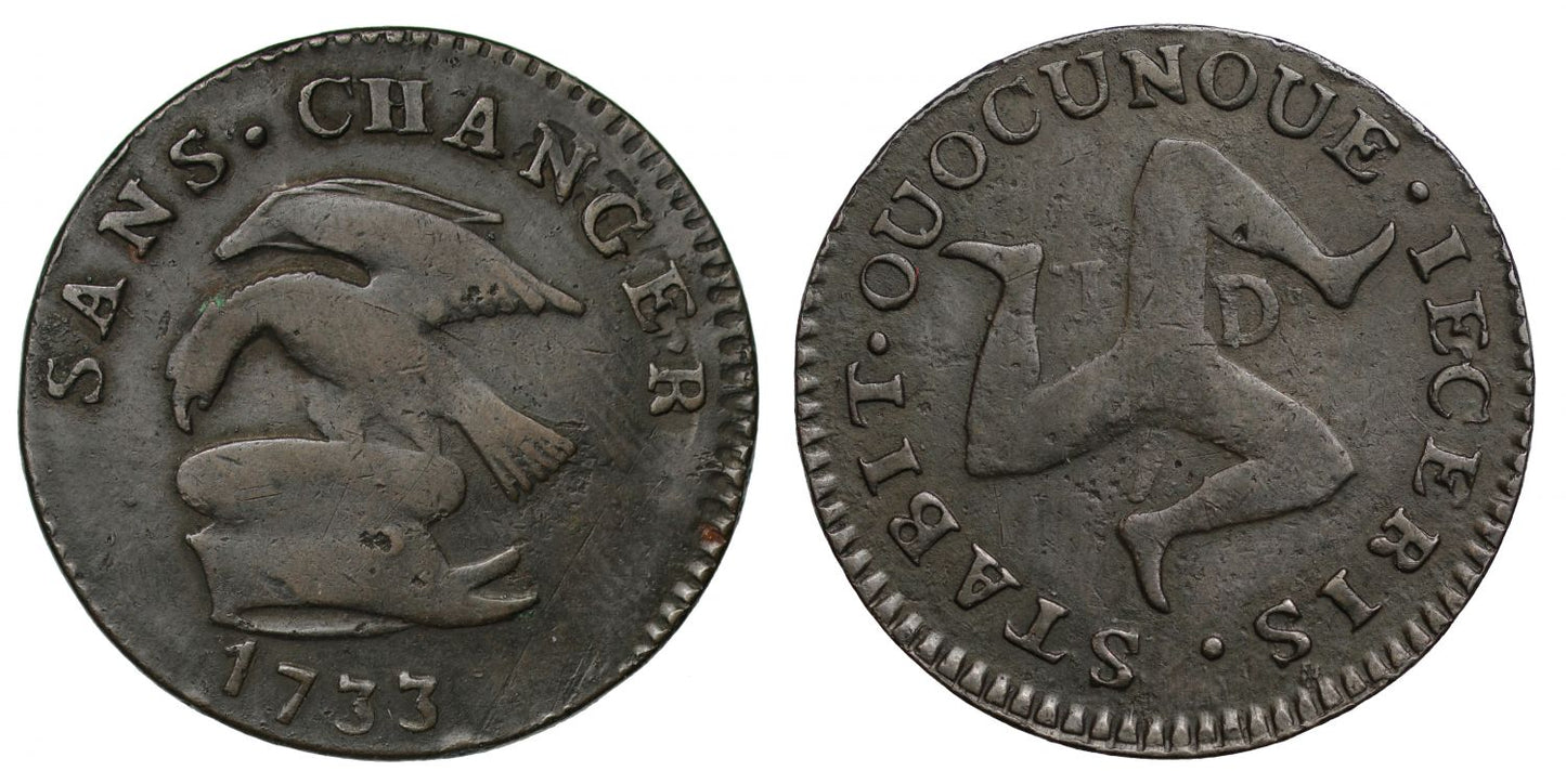 Isle of Man, James Stanley, 1733 copper Penny, OVOCVNOVE variety