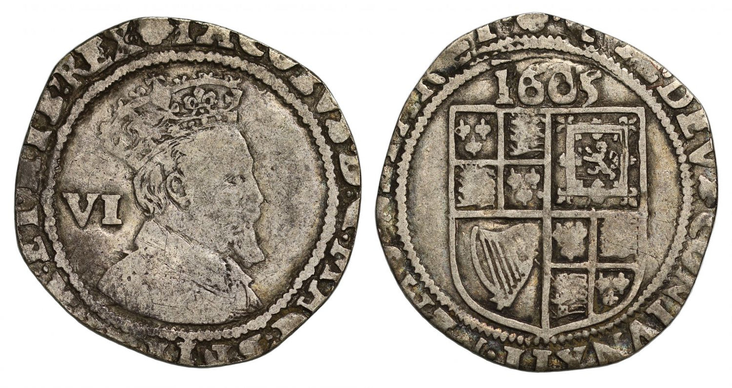 James I 1605 Sixpence mintmark rose, year of the Gunpowder plot