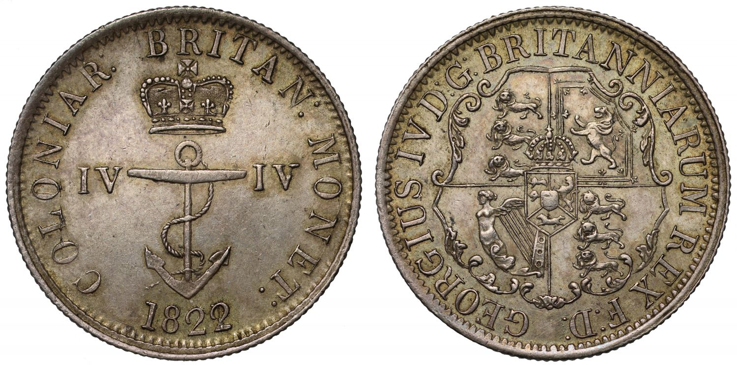 British West Indies, George IV, 1822, 1/4-Dollar, overstruck date 2 over 1