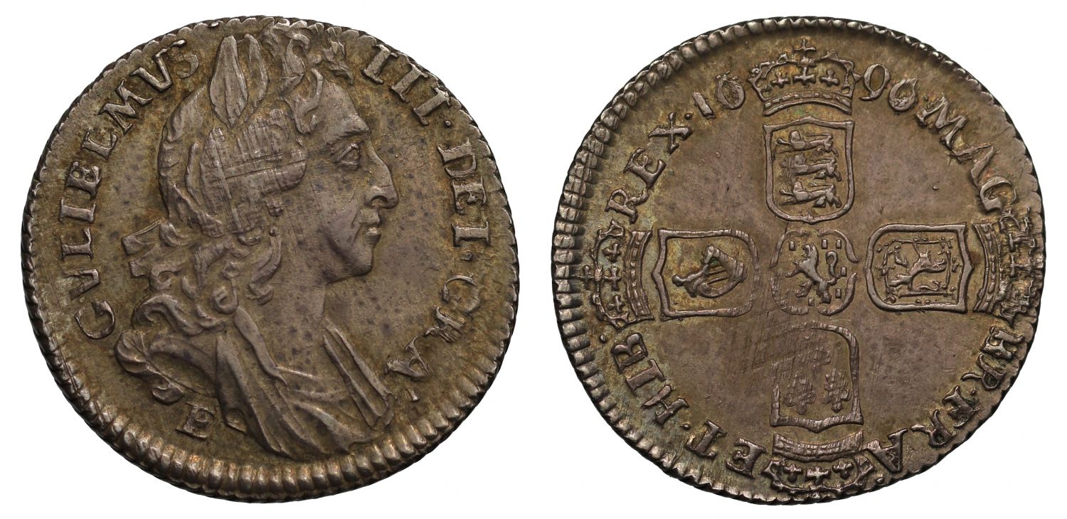 William III Sixpence 1696E, Exeter Mint, first bust, large crowns, early harp