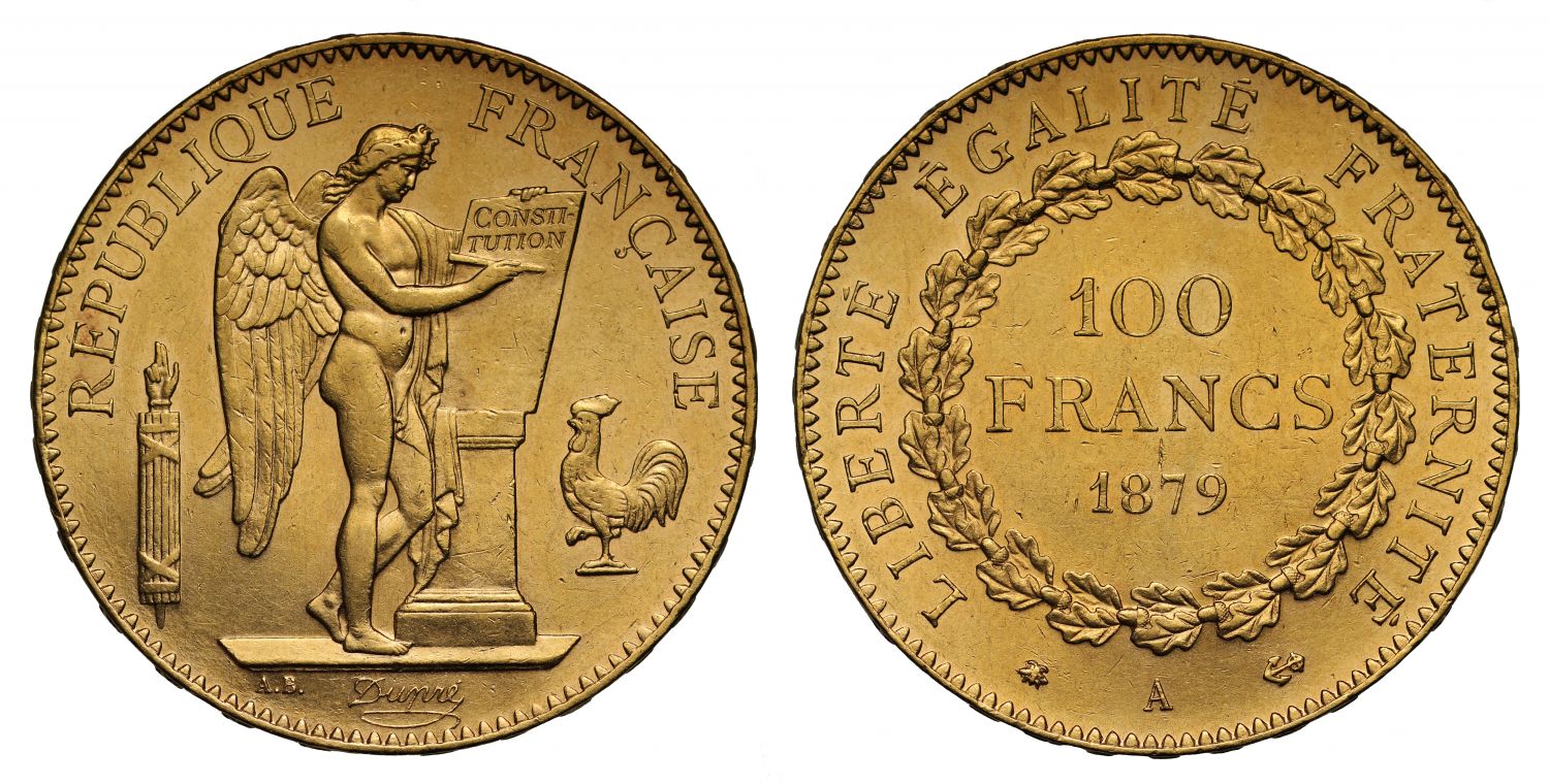 France, 1879-A gold 100-Francs