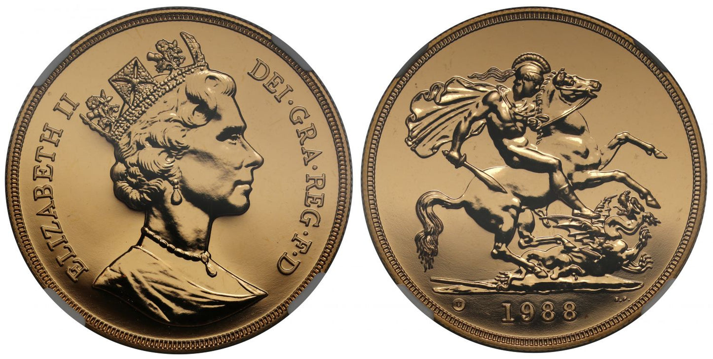 Elizabeth II 1988 gold Five-Pounds MS68 DEEP PROOF LIKE
