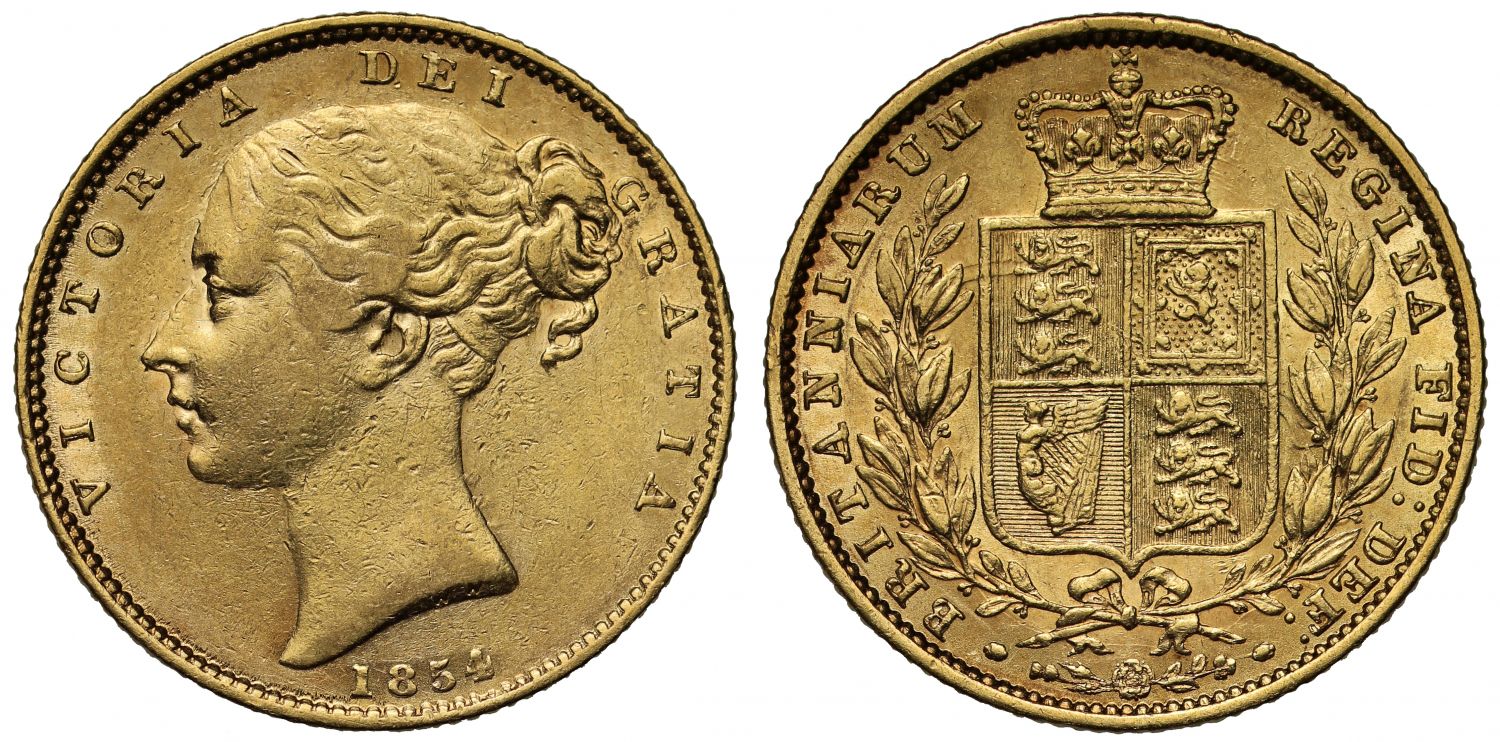 Victoria 1854 Sovereign, ww incuse on second young head