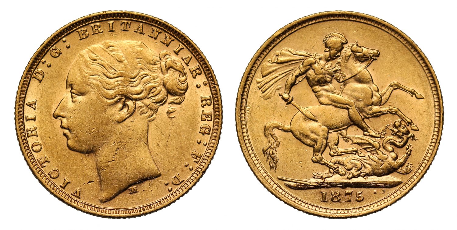 Victoria 1875 M Sovereign, raised WW incomplete, St George reverse, long tail