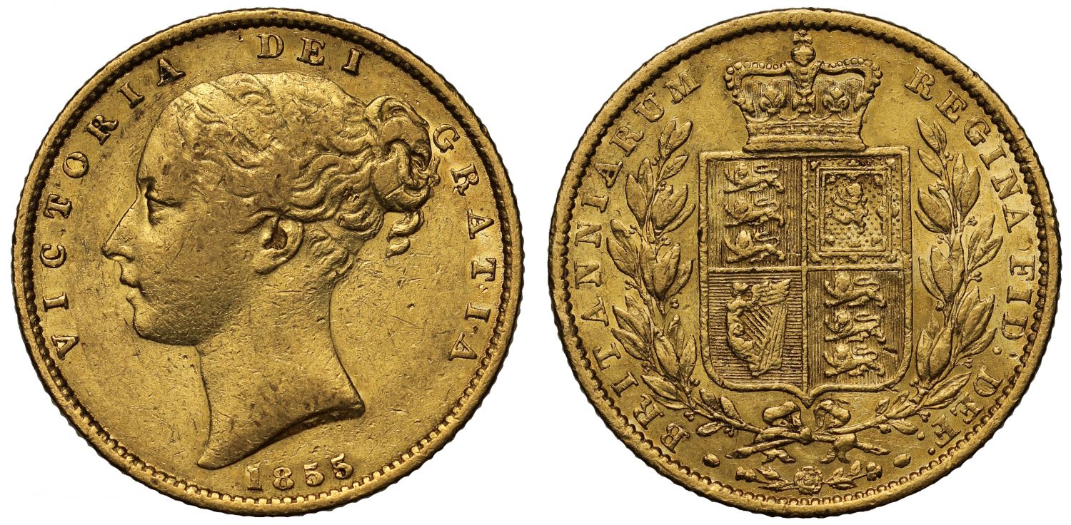 Victoria 1855 Sovereign raised W.W. on truncation, the rarer variety